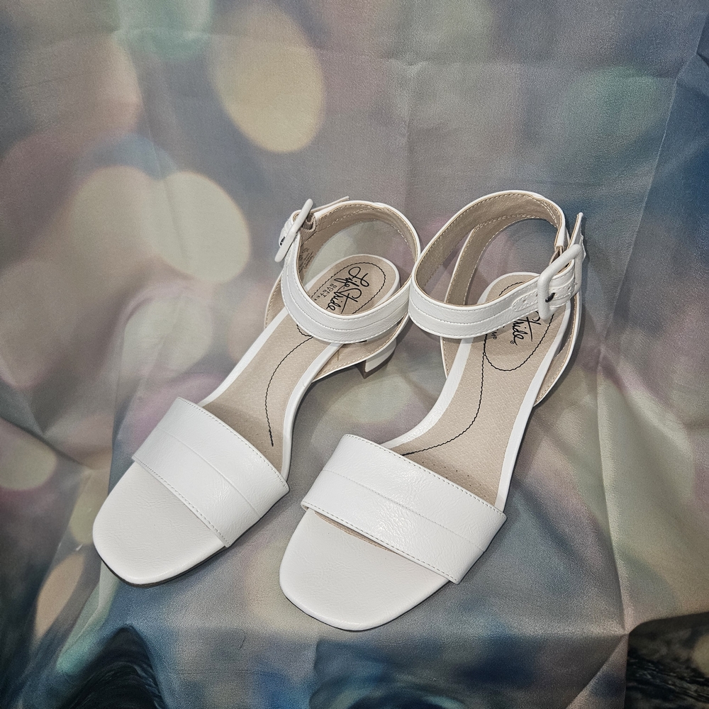 Life Stride White Ankle Strap Block Heel Sandals
